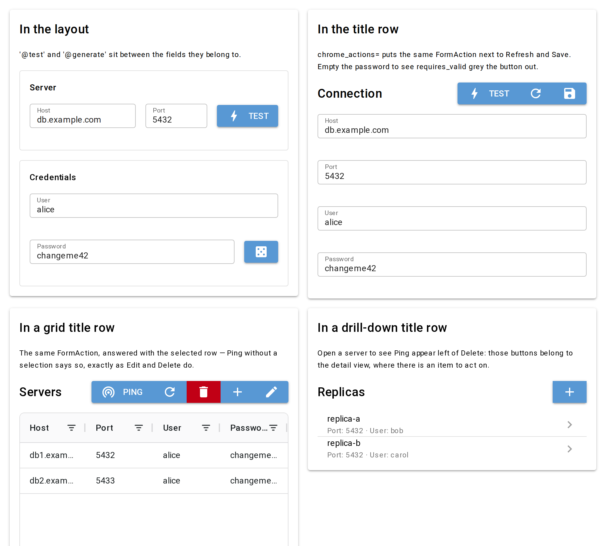Actions — buttons that are not fields
