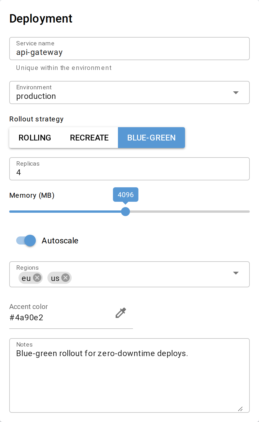 A ModelForm rendered from a Pydantic model — text, select, toggle, number, slider, switch, multi-select chips, color and textarea widgets